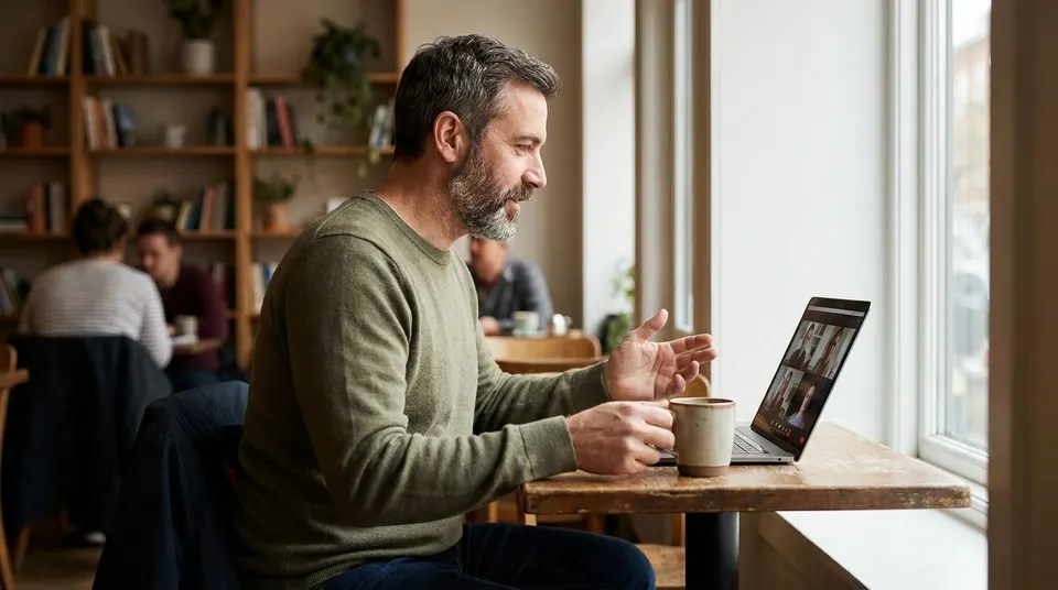 A bearded man sits alone at a cafe table with his coffee and laptop.