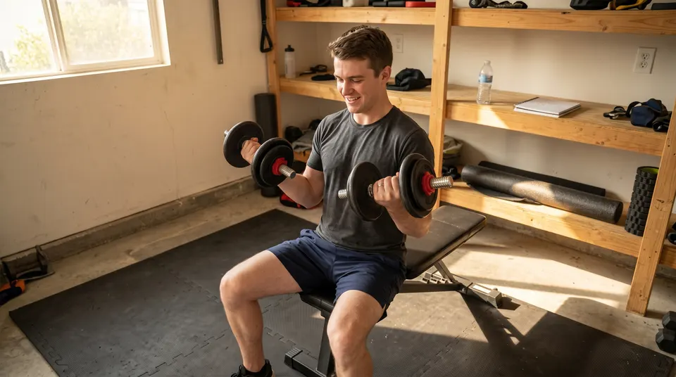 A young man curls dumbbells on a weight bench in his garage gym.
