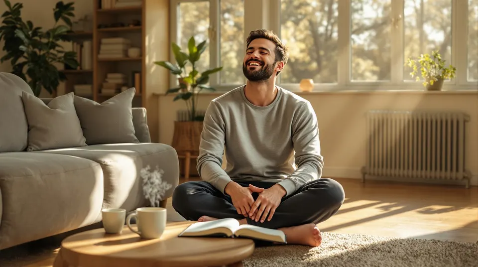 A man sits cross-legged on a living room floor with eyes closed, smiling calmly.