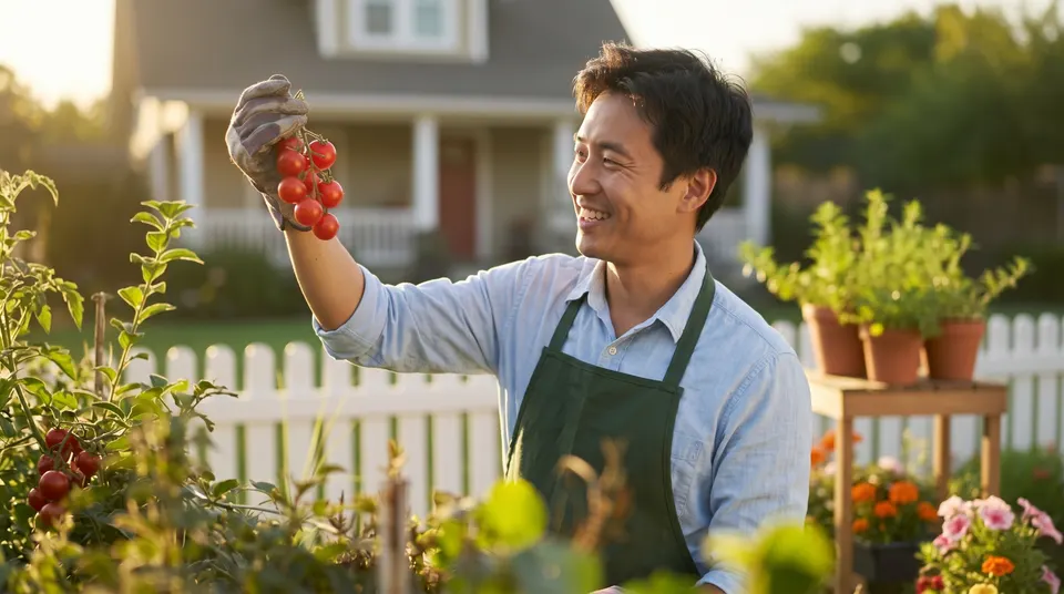 A smiling man in a green apron picks cherry tomatoes in his garden.