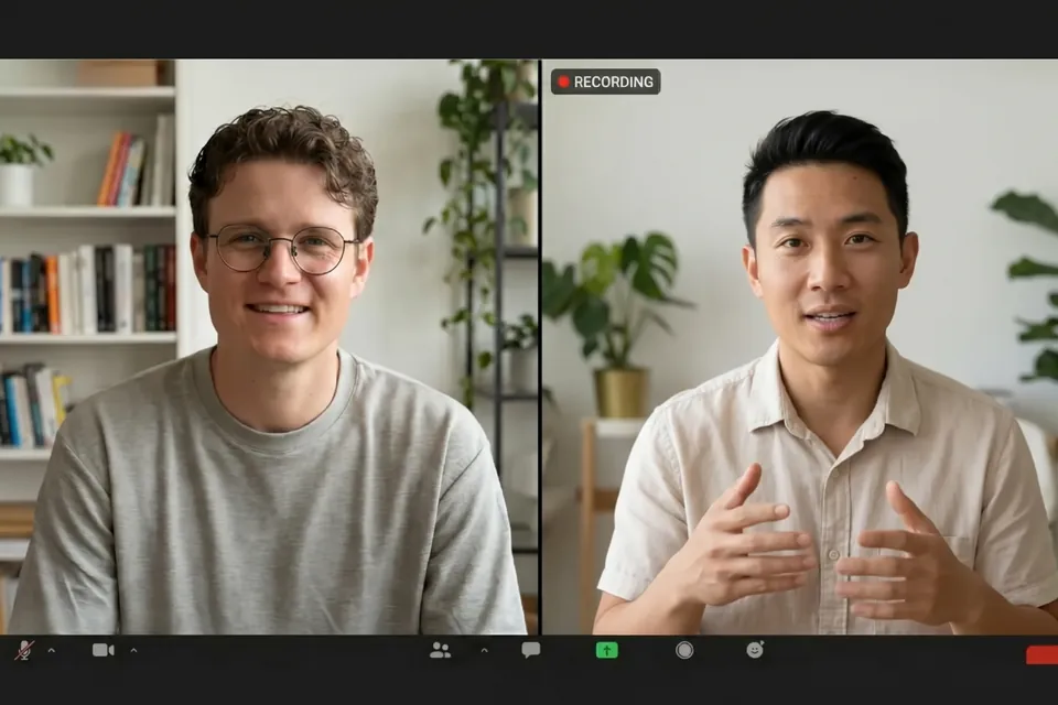 A coach and his client talk face to face on a split-screen video call.
