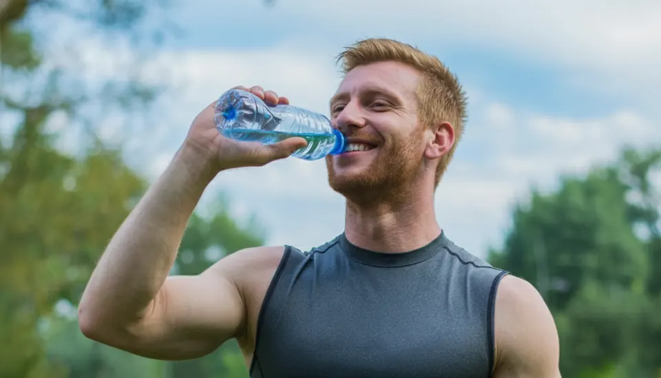 A smiling young man drinks from a water bottle outdoors on a sunny day.