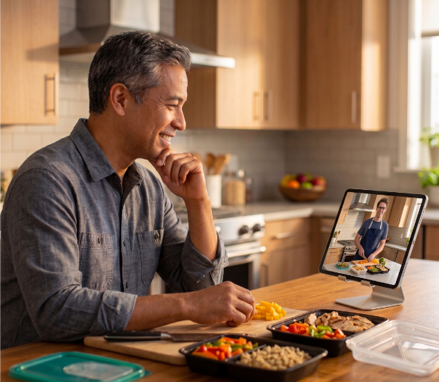 A middle-aged man in a warm kitchen meal prepping healthy food while on a video call on his iPad with his online health coach.