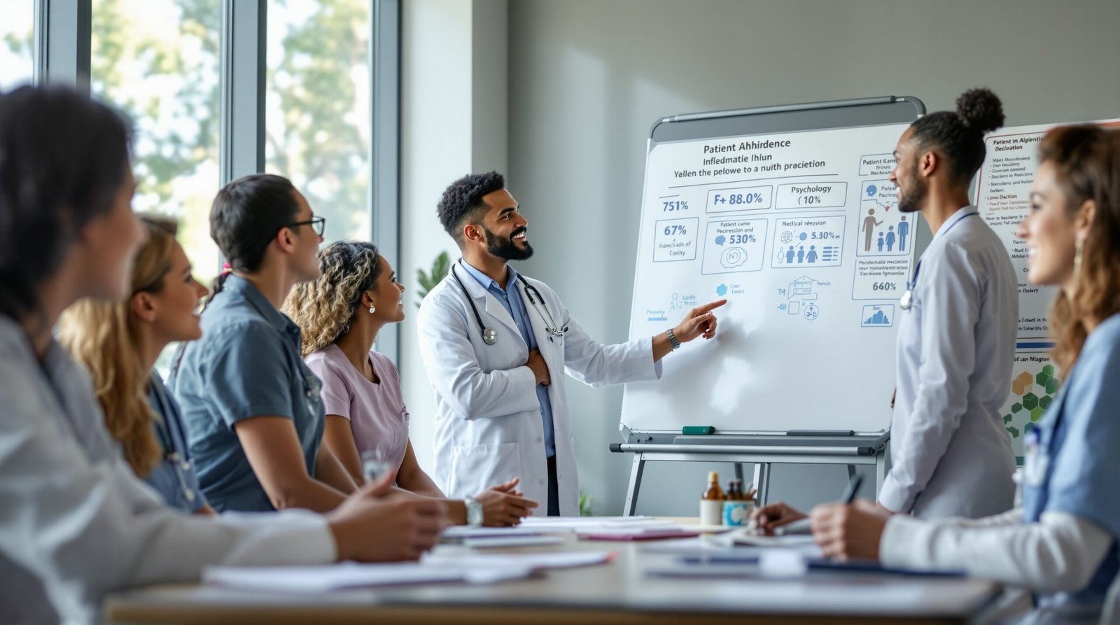 Healthcare professionals collaborating during an interdisciplinary team meeting to discuss patient care strategies and outcomes
