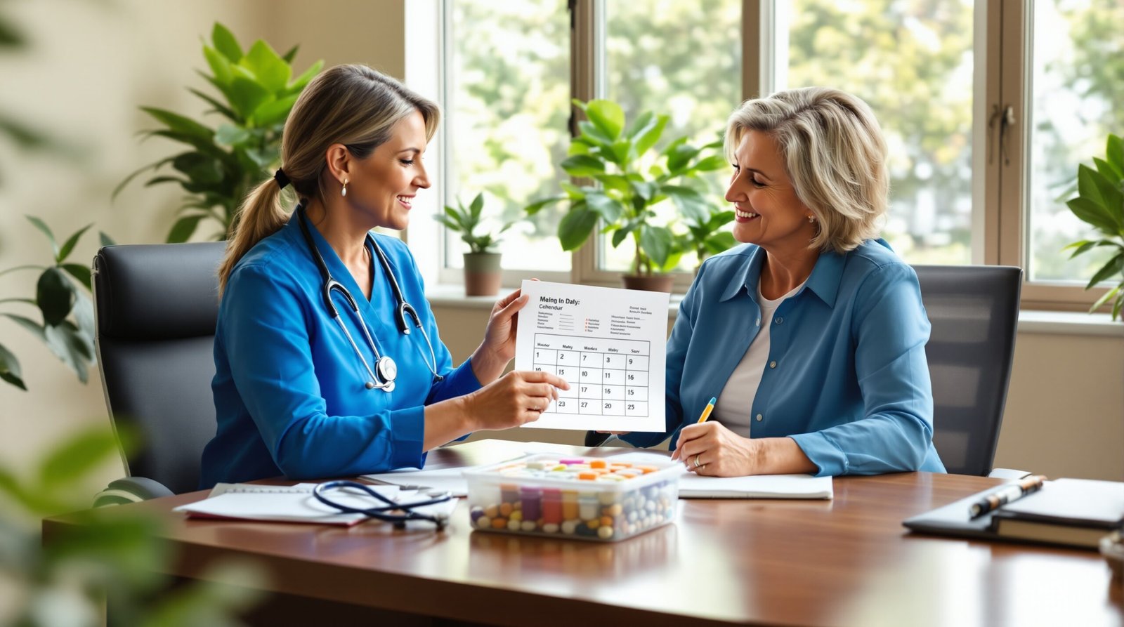 Healthcare provider explains medication schedule to attentive patient while pointing at calendar during sunlit consultation, emphasizing personalized care and clear communication