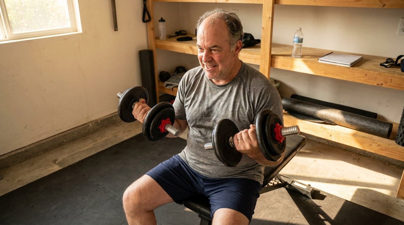 Middle-aged man with gray-streaked thinning hair and visible body fat performing a seated dumbbell curl with adjustable screw-on weight dumbbells on a workout bench in a sunlit garage home gym, wearing a gray t-shirt and navy shorts, with soft morning light casting warm shadows across the rubber floor mat, foam roller nearby, and rustic wood shelving holding a water bottle and notebook in the background