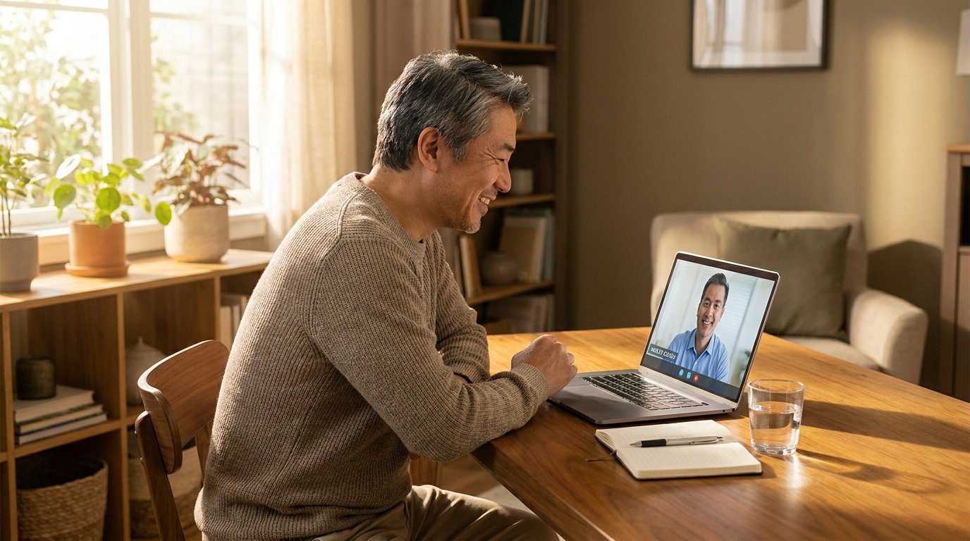 A photorealistic, full-frame scene of an Asian man in his mid-50s seated at a clean, light-toned wooden desk in a calm, organized home office, captured in warm neutral tones under soft afternoon sunlight entering from a window on the left side of the frame. The man is relaxed and slightly forward-leaning in his chair, dressed casually, with a small spiral notebook and ballpoint pen resting to the right of an open laptop, alongside a clear glass of water. The laptop screen displays an active video call with a friendly male health coach who is smiling and mid-gesture, suggesting an engaged, supportive telehealth or wellness coaching session in progress. The man's expression is confident and at ease, conveying a sense of trust and active participation in a remote health consultation. Behind him, a wooden shelf holds several green houseplants that introduce natural texture and life to the background without cluttering the composition. The overall lighting is soft and diffused, casting gentle shadows across the wood-grain desk surface and reinforcing the clinical-adjacent, patient-centered atmosphere of a structured virtual health coaching interaction. The frame is generously composed with open space above the subject's head and on both sides, grounding the image in a realistic domestic telehealth context consistent with one-on-one chronic disease management, lifestyle coaching, or preventive wellness programming.