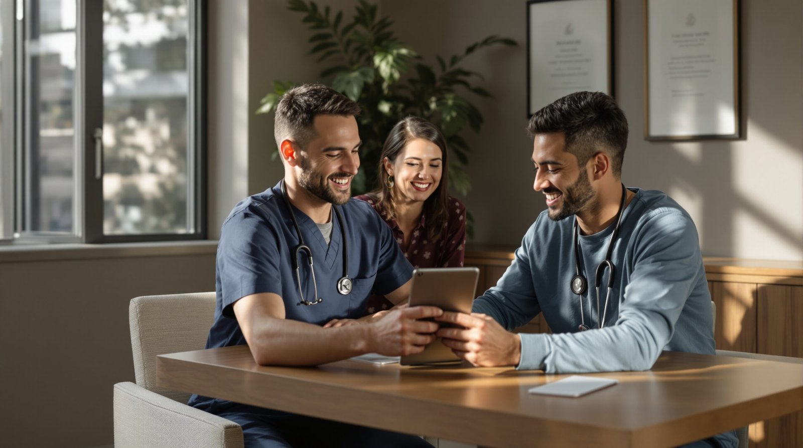 Healthcare provider and patient engaged in collaborative consultation while reviewing information on a tablet, seated at a modern desk in a sunlit medical office