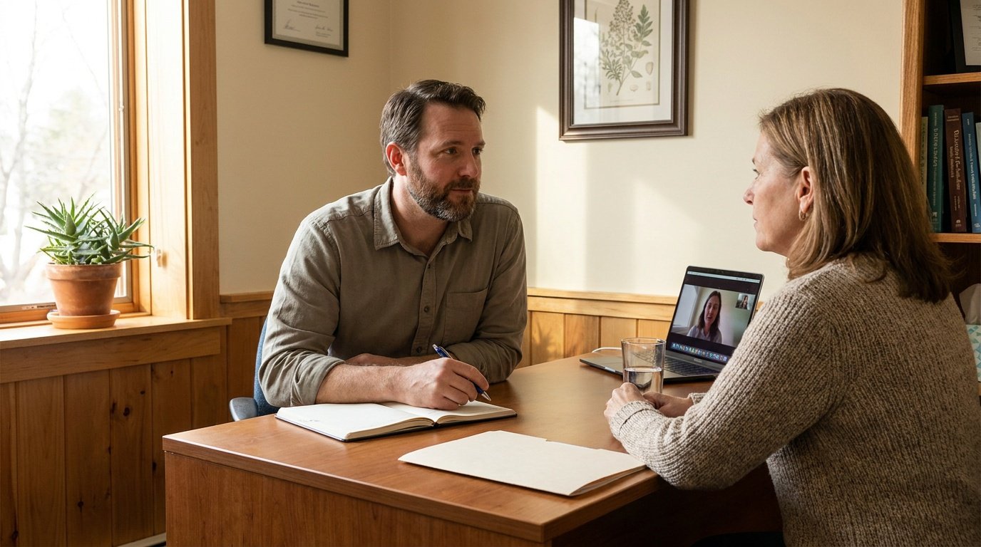 A male health coach in his late 30s to mid-40s sits across a wooden desk from a middle-aged female patient in a warmly lit clinical office, leaning forward attentively with an open notebook and pen, while the patient sits upright in a relaxed and engaged posture, a closed manila folder and glass of water on the desk between them, a laptop to the side displaying a virtual wellness coach on a video call, natural afternoon light entering through a left window, cream walls, a small potted plant on the windowsill, and a simple framed print on the wall in the background