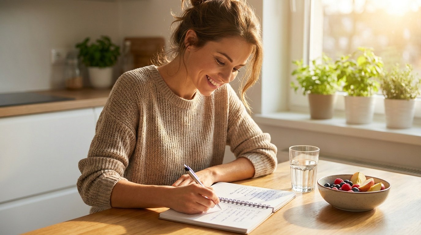 A cheerful woman in her mid-40s with a warm, relaxed expression sits at a sunlit kitchen table in a photorealistic lifestyle setting, her posture open and engaged as she writes in a spiral-bound notebook with a ballpoint pen, the visible page filled with handwritten goal lists and hand-drawn checkboxes suggesting a health tracking or wellness planning routine. Soft golden natural light streams in from a window positioned behind and slightly to her left, casting warm highlights across her casual knit sweater and the smooth surface of the wooden table. A clear glass of water and a small ceramic bowl of fresh mixed fruit — including what appears to be strawberries and blueberries — sit within reach to her right, reinforcing a clean-eating, hydration-conscious lifestyle context. The kitchen background is rendered in shallow depth of field, with clean white or light-toned countertops and two or three small green potted herb plants on the windowsill contributing a grounded, domestic health-forward environment. The full-frame composition retains generous headroom and lateral breathing space, avoiding any subject cropping, while the overall warm amber-gold color palette and uncluttered visual field communicate an optimistic, self-directed wellness moment consistent with goal-setting, nutrition journaling, or health coaching engagement.