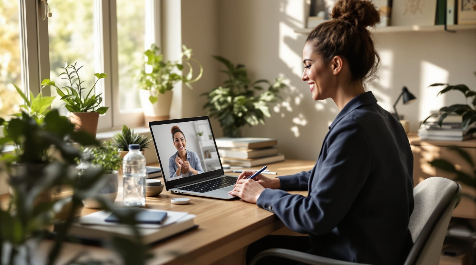 Health coach conducting a virtual coaching session at sunlit home office desk while taking notes and smiling warmly at laptop screen