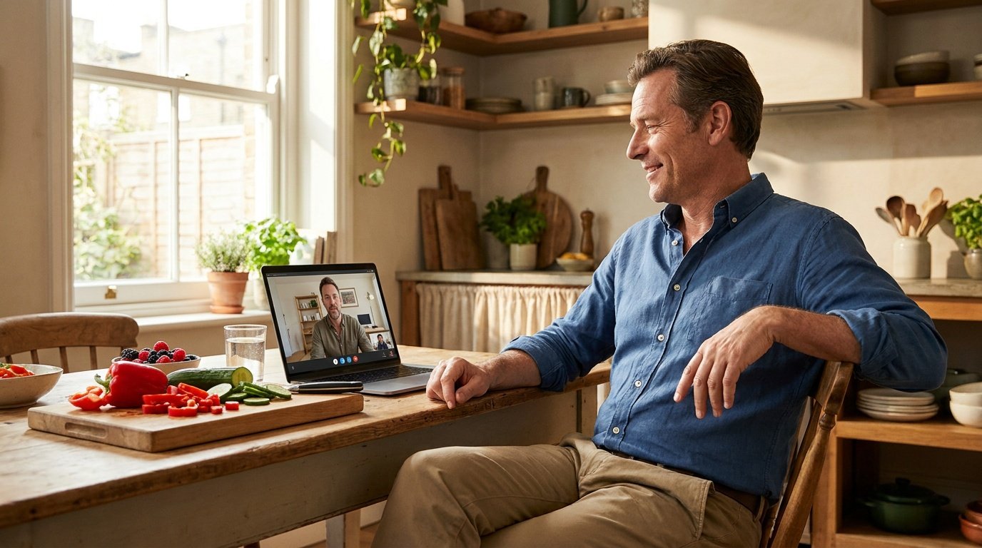 A middle-aged man in his mid-forties sits relaxed and confident at a solid wood kitchen table in a warmly lit home kitchen, sleeves casually rolled up on his button-down shirt, with a cutting board of colorful fresh vegetables and fruit and a glass of water in front of him, while his open laptop displays a video call with a male health coach in a home office setting, bathed in warm natural morning light streaming through a large window, surrounded by wood tones and green plants in a lived-in, photorealistic editorial style.