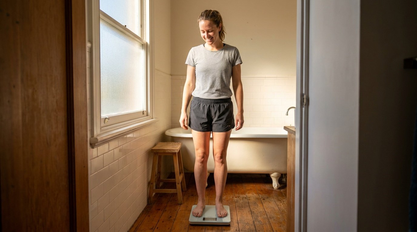 A smiling woman with a healthy build wearing a gray t-shirt and dark athletic shorts stands in a sunlit bathroom, looking down at a weight scale on the floor, with warm morning light streaming through a window beside her, captured in full-body view with a relaxed and purposeful stance.