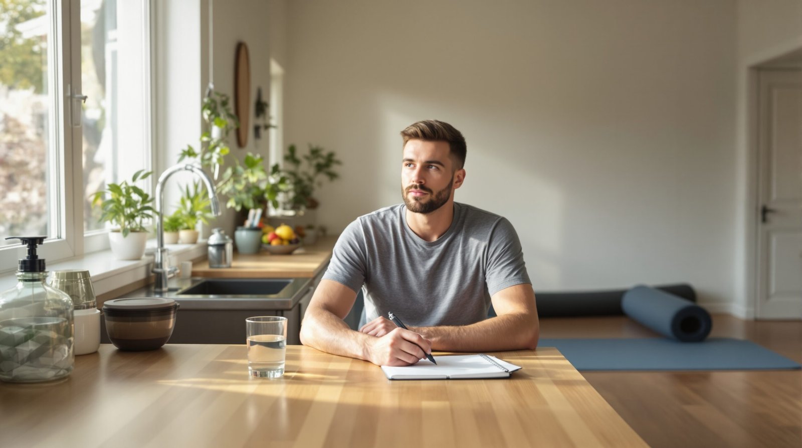 A fit man in his mid-thirties sits at a clean wooden kitchen table in a bright, modern home, pausing mid-thought with a calm and focused expression while holding a pen over an open notebook beside a glass of water, wearing a gray athletic t-shirt and jogger pants, with natural morning light streaming through a window behind him illuminating a bowl of fresh fruit, a meal prep container on the counter, and a yoga mat rolled out on the hardwood floor in the background.
