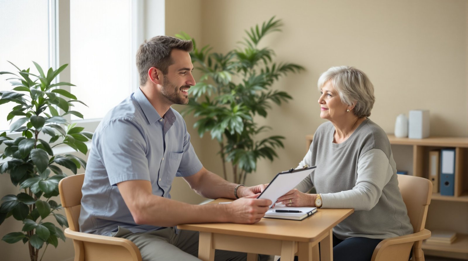 A male physical therapist in his mid-thirties sits across a small wooden table from a middle-aged female patient in a warmly lit, naturally illuminated therapy office, both fully visible from head to toe, with the therapist leaning forward holding a clipboard and the patient looking thoughtfully engaged, surrounded by neutral beige walls, a potted plant, a wooden bookshelf, and soft light from a frosted window.