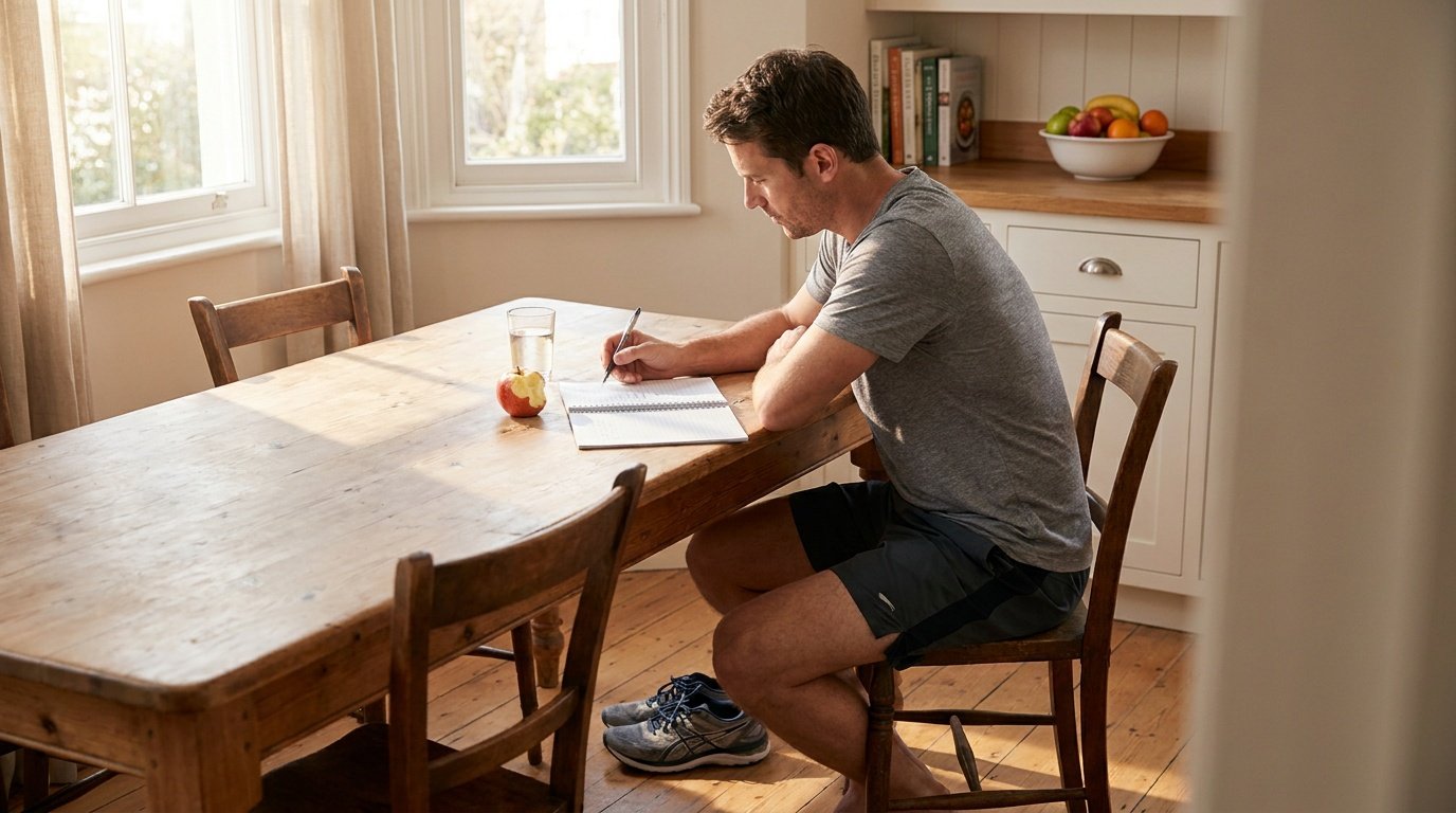 A fit man in his mid-thirties wearing a gray t-shirt and athletic shorts sits at a wooden kitchen table in morning sunlight, leaning forward with forearms resting on the surface and hands clasped, looking down at an open spiral notebook with a pen resting across the page, a half-eaten apple and glass of water nearby, clean running shoes visible beneath his chair, and a tidy kitchen with fresh fruit and cookbooks visible in the background.