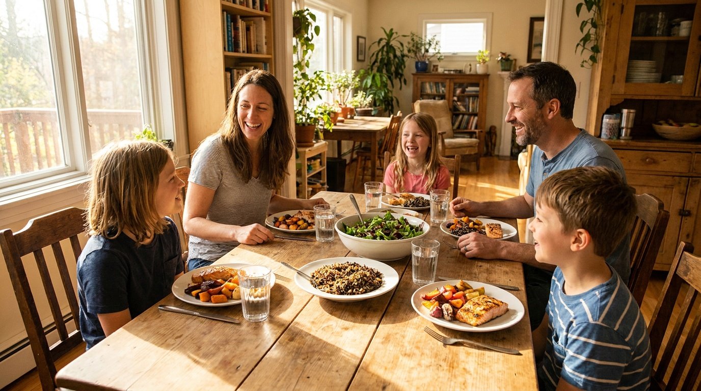 A family of four laughing and sharing a healthy meal of roasted vegetables, whole grain rice, grilled salmon, and mixed salad around a wooden dining table in a warmly lit home dining room with afternoon sunlight streaming through a nearby window