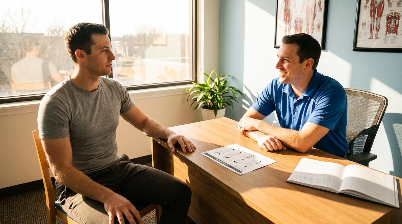 A fit man in his mid-30s in a gray t-shirt and dark chinos sits across a wooden desk from a physical therapist in a bright clinic office, with an exercise plan and notebook open between them, afternoon sunlight streaming through a large window, potted plant in the corner, and framed anatomy charts on the wall behind the therapist.