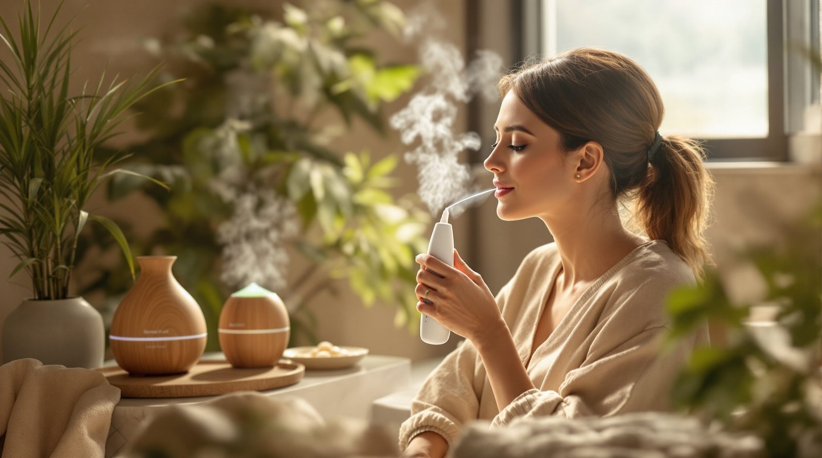 Person using a modern water flosser in a serene, spa-inspired bathroom with natural light and steam from essential oil diffusers