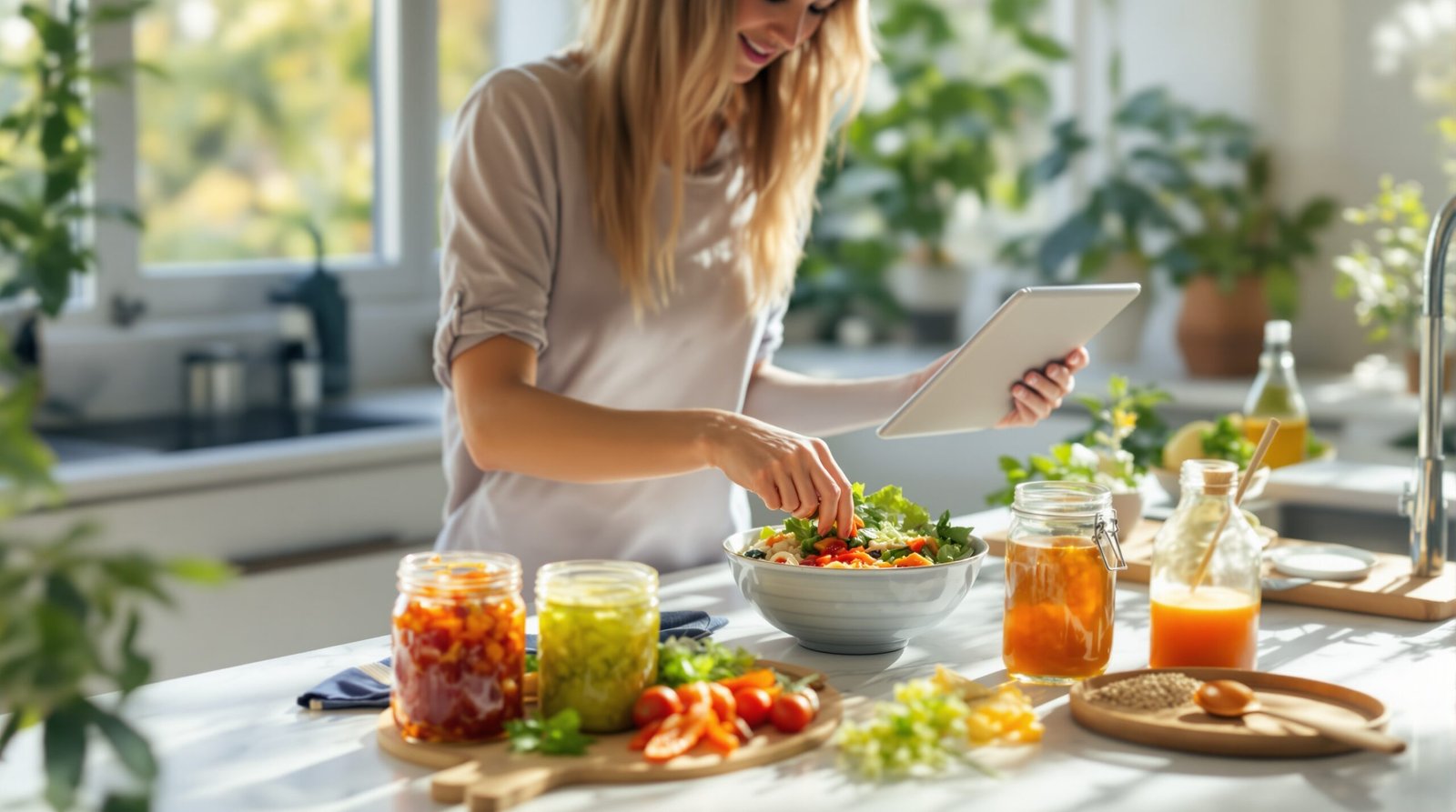 Person preparing a gut-healthy Buddha bowl with fermented foods, fresh produce, and whole grains in a modern, sun-filled kitchen while referencing a digital meal planner