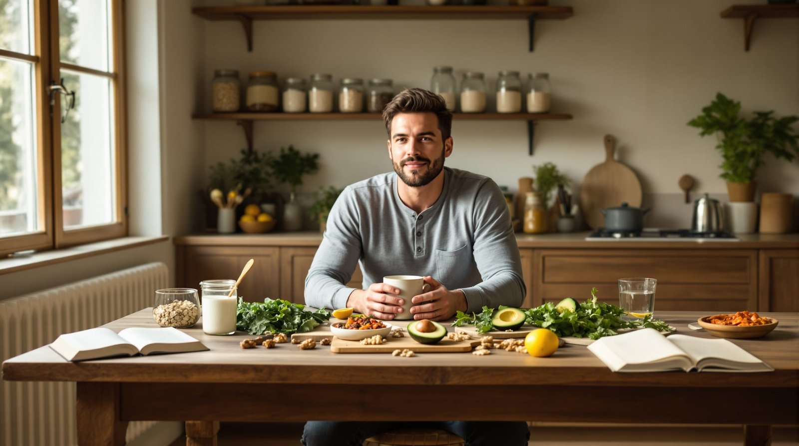 A fit man in his late thirties sits at a rustic wooden dining table in a warm, sunlit kitchen, holding a ceramic mug with both hands and a relaxed expression, surrounded by whole foods including mixed greens, sliced avocado, kale, walnuts, kimchi, and a glass of lemon water, with open wooden shelves displaying mason jars of oats and dried herbs visible behind him.