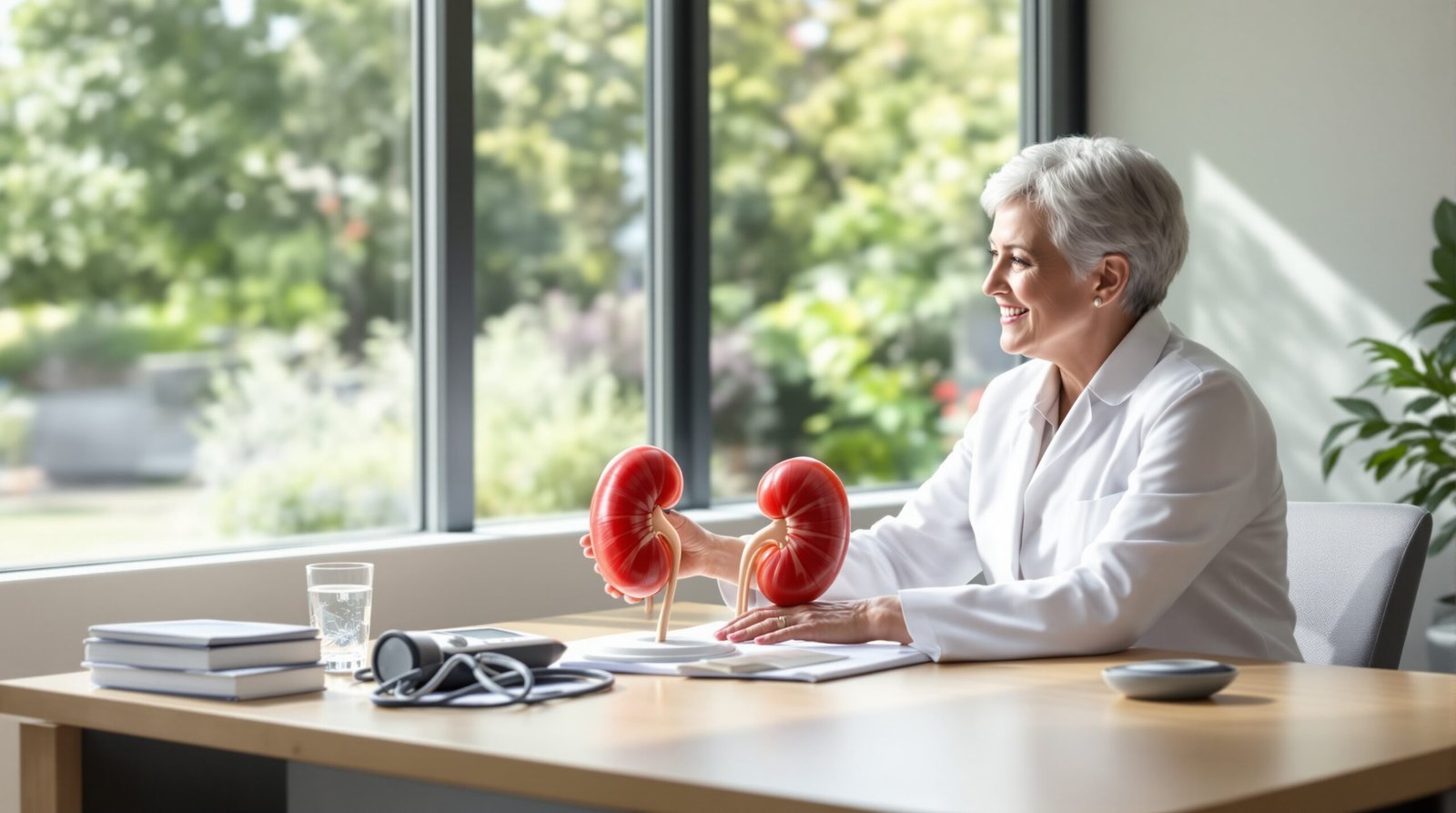 Professional nephrologist consulting with patient while using 3D kidney model in sunlit medical office