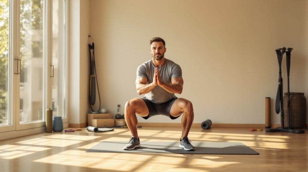 A fit man in his late 30s performing a precise bodyweight squat on a rubber exercise mat in a bright home gym with natural wood flooring, large windows, warm morning sunlight, resistance bands and a foam roller against the wall, wearing athletic shorts and a fitted t-shirt, with focused expression and clean form.