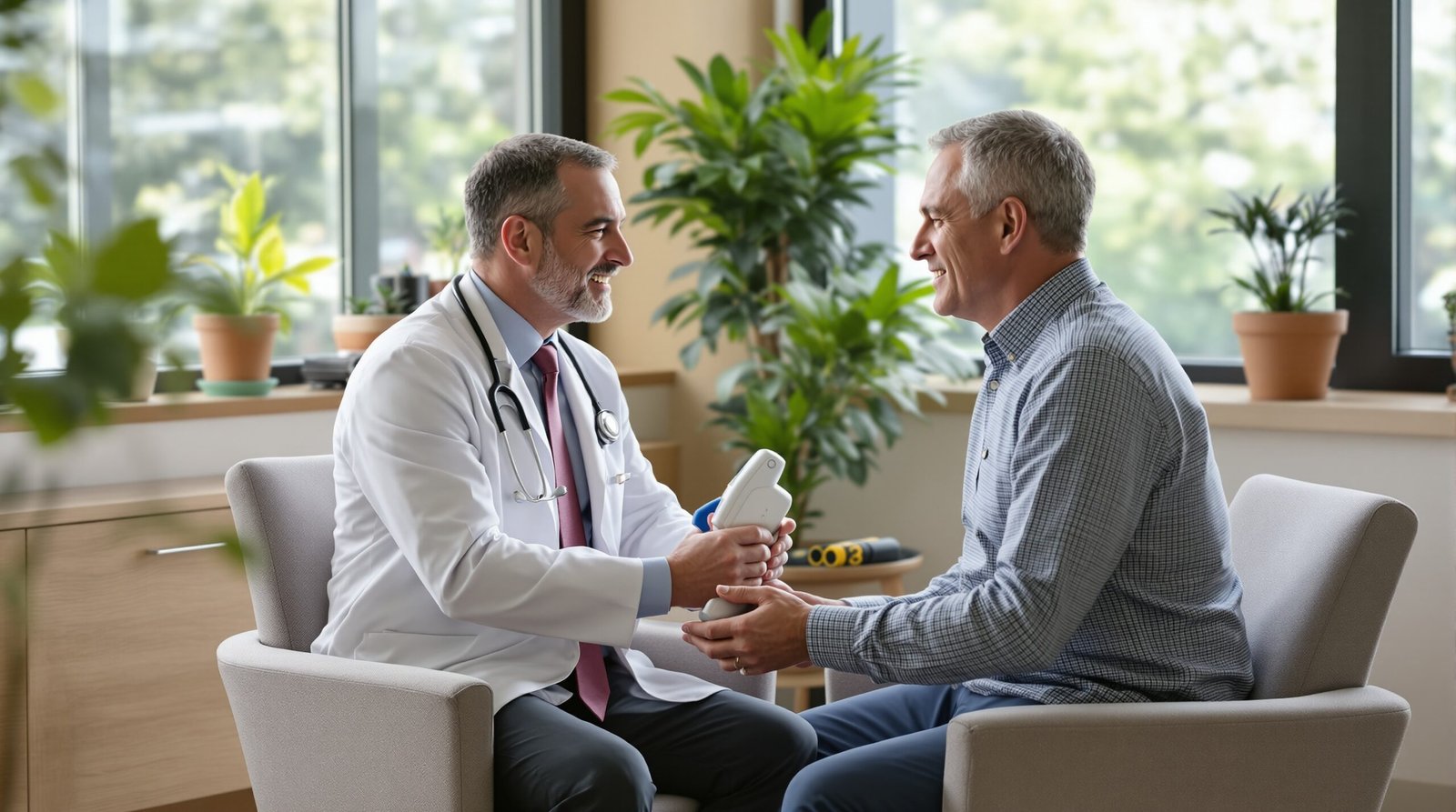 Healthcare provider demonstrating proper breathing technique to patient using spirometer during respiratory consultation in modern medical office