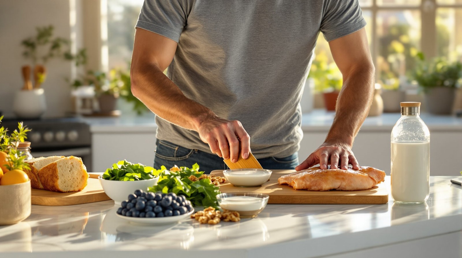 A fit man in his late thirties wearing a gray t-shirt and dark jeans stands at a white marble countertop in a bright modern kitchen, arranging an anti-inflammatory meal spread featuring blueberries, spinach, walnuts, sliced whole grain bread, yogurt, lean chicken breast, and a glass of water, with natural golden light streaming through large windows and potted herbs visible on the windowsill behind him.