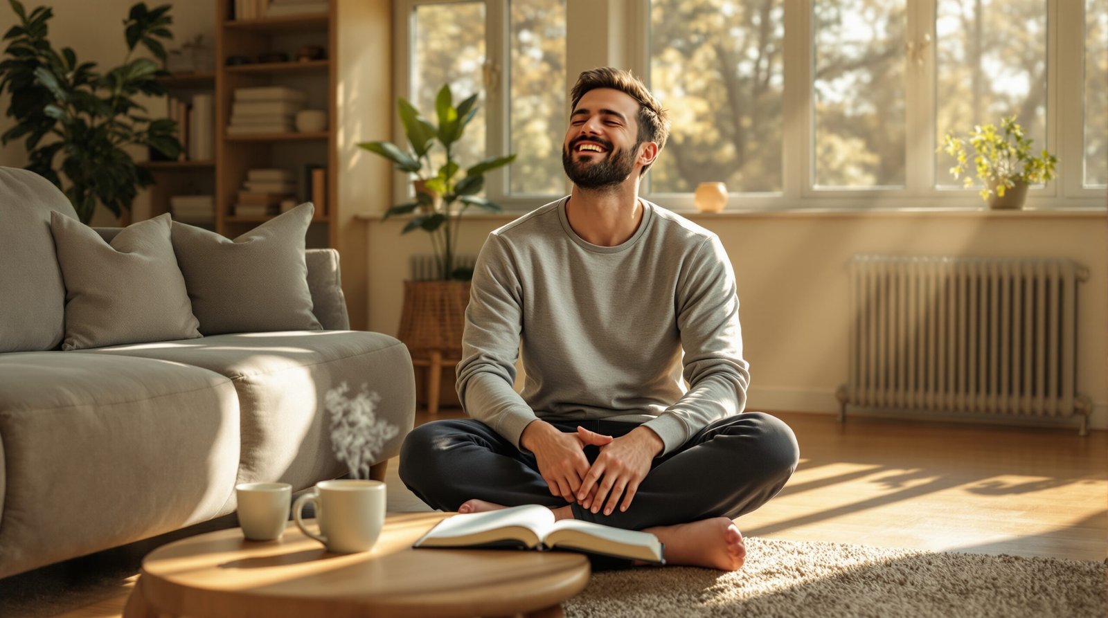 A man in his late 30s sits cross-legged on a worn hardwood floor in a warmly lit living room during early morning, eyes closed in calm reflection with a faint smile, a small open journal and pen resting on a low coffee table beside a steaming ceramic mug of coffee, soft golden sunlight streaming through a large window and casting long shadows across the floor, a modest bookshelf with stacked books and a small potted plant softly blurred in the background
