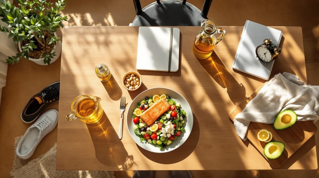 Overhead lifestyle photo of a sunlit wooden kitchen table set with a Mediterranean meal including grilled salmon, a colorful salad with tomatoes, cucumbers, olives, and feta, sliced avocado on a cutting board, a small bowl of mixed nuts, a glass pitcher of lemon water, and a bottle of olive oil, styled with a linen napkin, a sleep journal, and an analog alarm clock on the table edge, with a pair of walking shoes resting on the floor beside a chair, warm natural daylight casting soft shadows across the surface