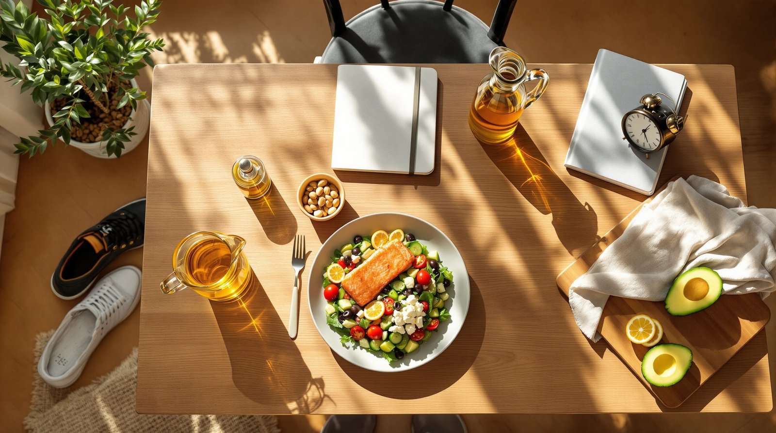 Overhead lifestyle photo of a sunlit wooden kitchen table set with a Mediterranean meal including grilled salmon, a colorful salad with tomatoes, cucumbers, olives, and feta, sliced avocado on a cutting board, a small bowl of mixed nuts, a glass pitcher of lemon water, and a bottle of olive oil, styled with a linen napkin, a sleep journal, and an analog alarm clock on the table edge, with a pair of walking shoes resting on the floor beside a chair, warm natural daylight casting soft shadows across the surface
