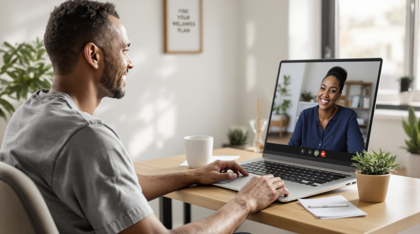 A male patient in his early forties sits at a wooden desk in a warmly lit home office during a morning virtual wellness coaching session, looking thoughtfully at an open laptop screen showing a female health coach presenting a wellness plan via video conference, with a ceramic coffee mug, potted succulent, and handwritten notes resting on the desk beside the laptop, and soft natural daylight streaming through a large window behind him