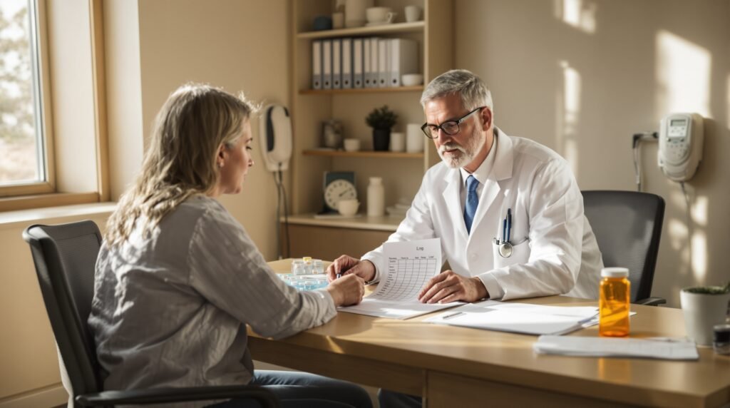 A middle-aged male clinician in a white coat sits across a wooden desk from a patient in a bright primary care exam room, pointing to a row on a printed medication log while the patient leans forward attentively, with a pill organizer, prescription pad, pen, and amber pill bottle on the desk, a blood pressure cuff on the wall, and shelves of medical binders visible in the background, captured in a realistic wide-shot documentary style with warm natural light and muted earth tones.