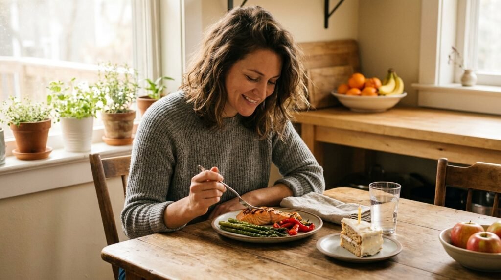 A relaxed woman in her mid-30s sits at a wooden kitchen table in soft morning light, calmly holding a fork over a colorful plate of vegetables and grilled fish, with a small slice of birthday cake on a separate plate beside it, a glass of water nearby, and fresh fruits visible on the counter in the background.
