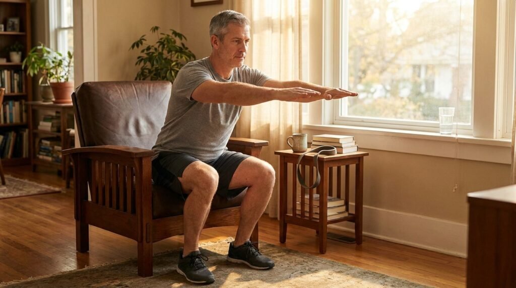 A fit man in his mid-40s wearing a gray t-shirt and athletic shorts performs a slow, controlled bodyweight squat rising from a wooden chair in a warmly lit living room, arms extended forward for balance, feet flat on hardwood floors, with soft morning light streaming through a large window behind him and a resistance band resting on a nearby end table.