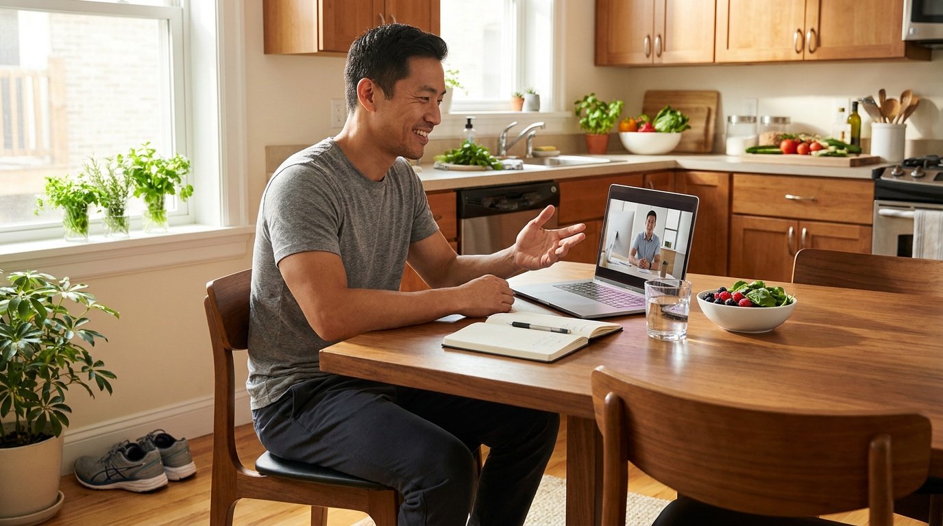 A fit Asian man in his mid-30s sits relaxed at a wooden kitchen table in a bright, naturally lit home, smiling during a video call with a male health coach on an open laptop, with a glass of water, fresh fruit and vegetables, and an open notebook with a pen on the table beside him, running shoes visible on the floor in the background, and a warm, organized kitchen behind him.