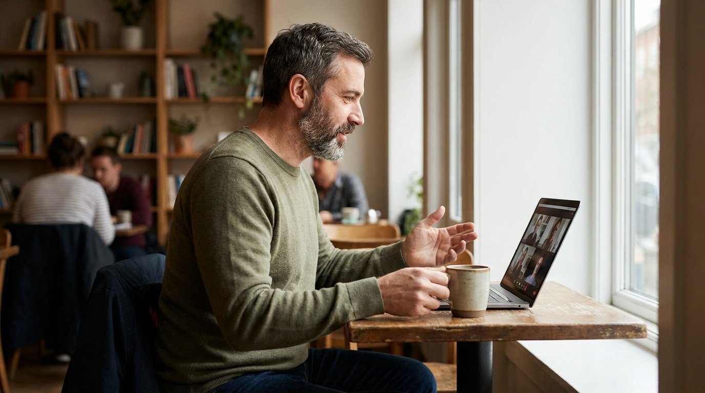 A man in his mid-30s to early 40s sits alone at a small wooden café table by a large window, morning light illuminating his face and hands as he gestures naturally during a video call on an open laptop, a ceramic coffee mug beside him, wearing a muted earth-tone crewneck sweater, with a calm and attentive expression in a warmly blurred café interior.