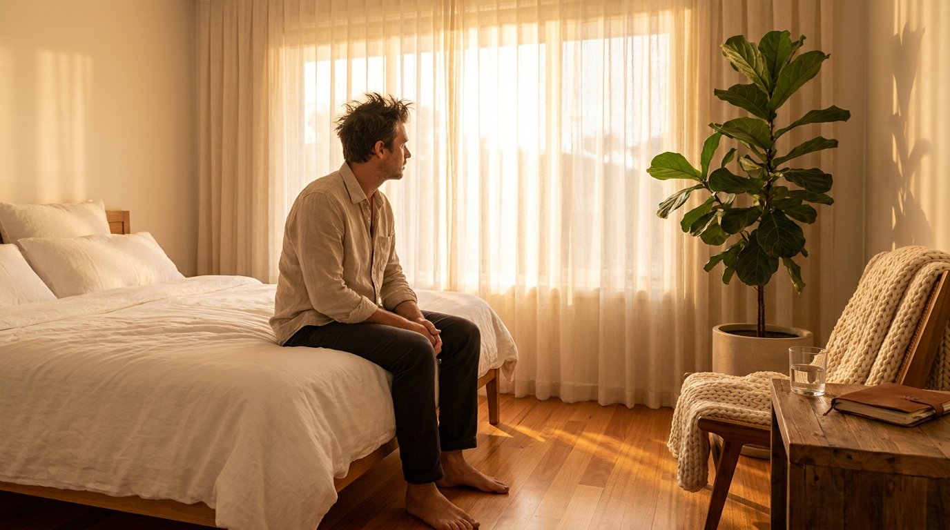Man sitting thoughtfully on the edge of a neatly made white bed during golden hour, gazing toward a sunlit window with sheer curtains, a glass of water and journal on the wooden nightstand beside him, soft shadows on hardwood floors, potted plant and knit blanket visible in the background, calm and grounded atmosphere