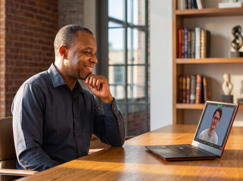 Health coach having a friendly video consultation with a client on a laptop.