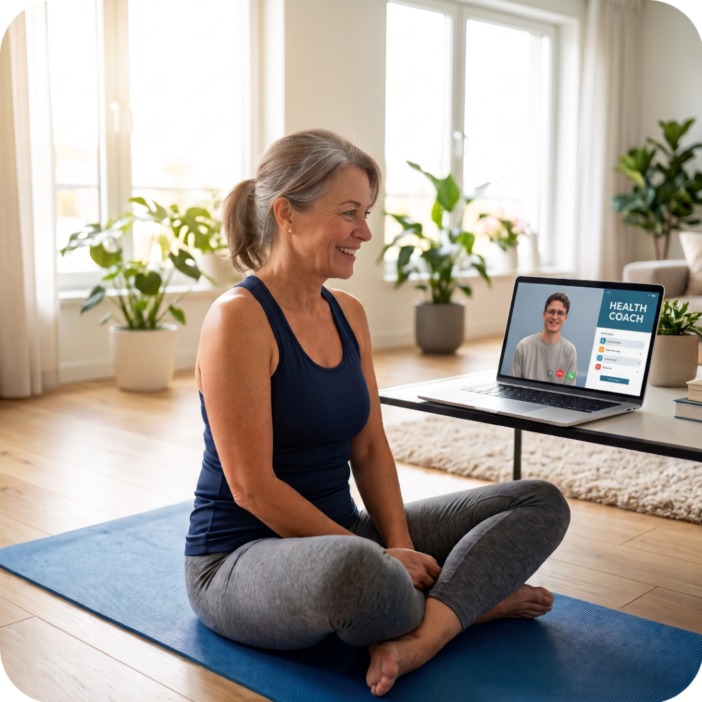 A woman in her 50s with subtle gray hair smiles while sitting on a gym mat in a sunlit living room video chatting with her health coach on a laptop.