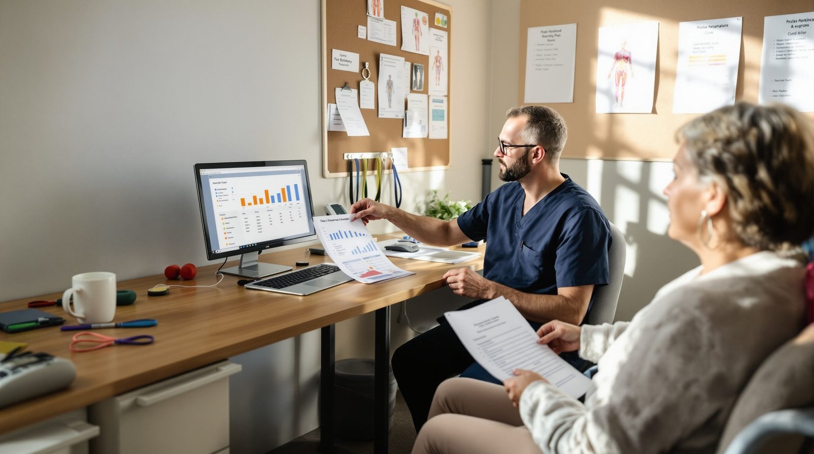 Male physical therapist in navy scrubs reviewing printed treatment charts with a female patient in a warm, sunlit physical therapy clinic treatment room during an afternoon session