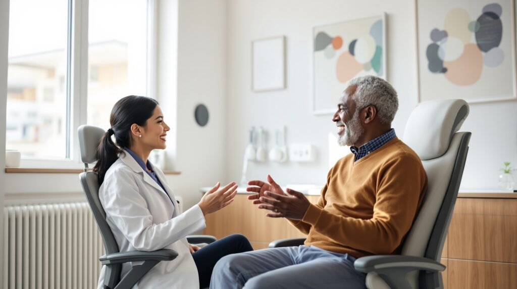 Female Asian doctor and elderly African American male patient engaged in animated, positive conversation in modern sunlit medical office