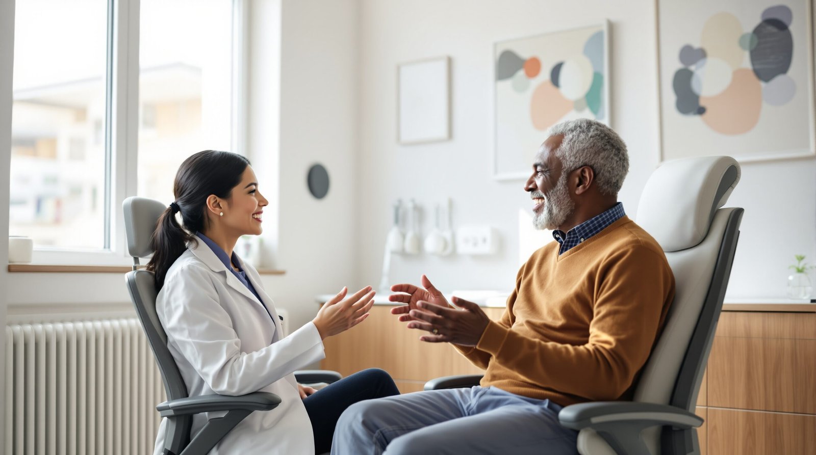 Female Asian doctor and elderly African American male patient engaged in animated, positive conversation in modern sunlit medical office