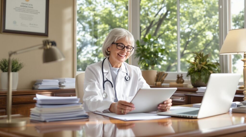Professional female physician in white coat reviews both paper and digital patient records at sunlit wooden desk, with medical credentials displayed on wall and natural scenery visible through office windows