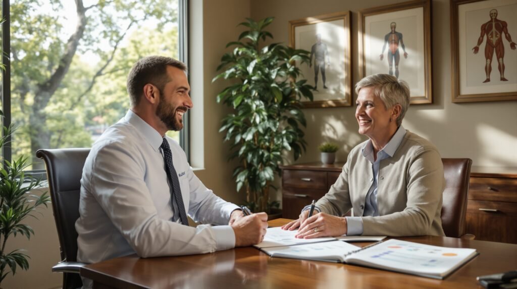 Doctor and patient engage in collaborative treatment planning at sunlit medical office desk, sharing digital resources and notes in a warm, professional environment