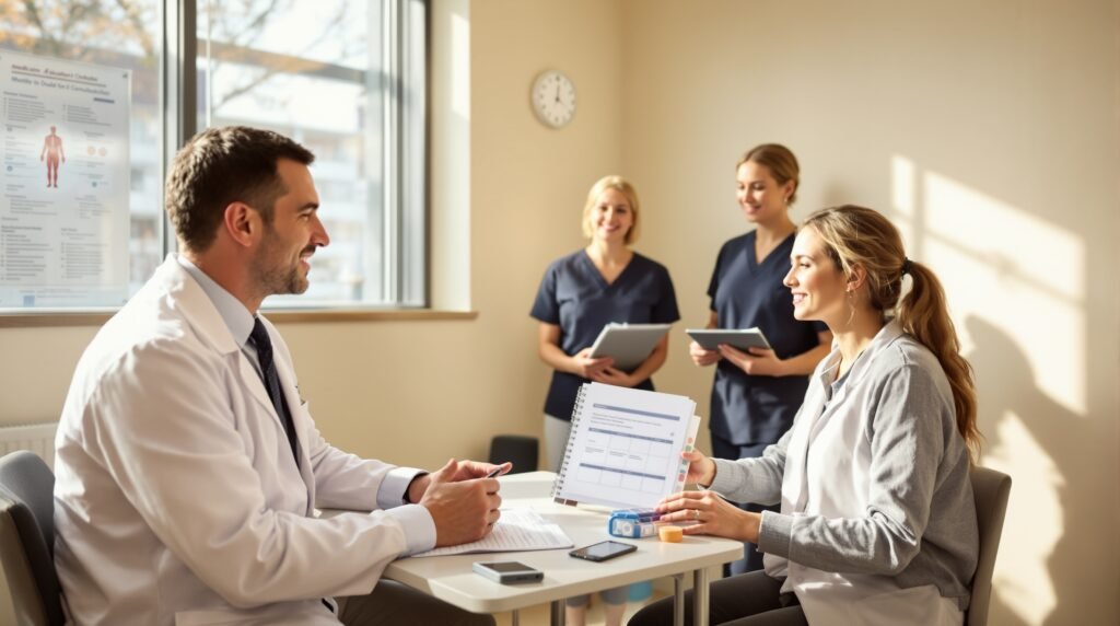 A male physician in his mid-forties wearing a white coat sits across a desk from a female patient in her mid-thirties in a bright, modern exam room, both fully visible, as he leans forward attentively while she holds an open patient education folder with a look of genuine understanding; a female pharmacist in navy scrubs stands nearby holding a clipboard, contributing to the consultation, with a printed medication pamphlet, spiral-bound folder, and weekly pill organizer on the desk between them, warm natural light streaming through large windows in a realistic, trustworthy clinical setting.