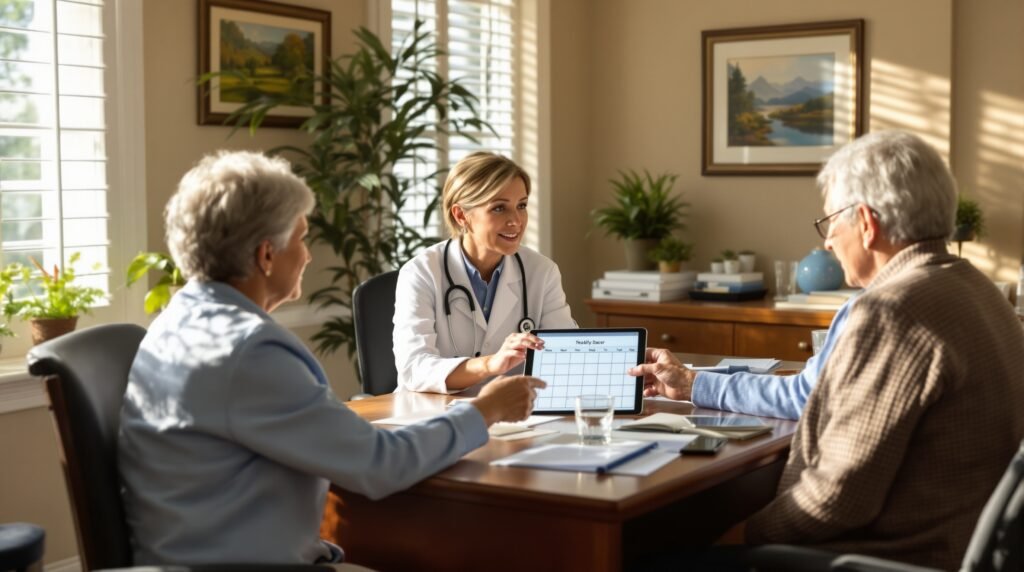 Senior doctor consulting with elderly patient and adult caregiver while reviewing medication schedule in sunlit medical office