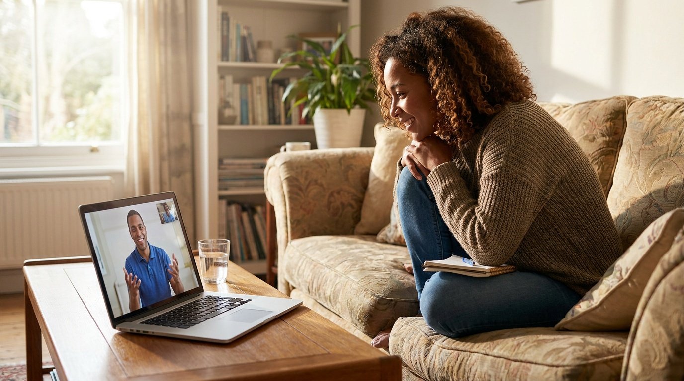 A mid-40s woman with warm brown skin sits upright but relaxed on a cushioned sofa in a sunlit home living room, her body angled slightly forward toward a silver laptop open on a low wooden coffee table in front of her. She wears casual everyday clothing — a soft-toned top — and holds a small notepad on her knee, pen in hand, actively taking notes during a live video call. On the laptop screen, a male health coach in his 30s is clearly visible in a well-lit video frame, smiling warmly and gesturing with one hand as he speaks, conveying an active, supportive coaching exchange. Soft, diffused natural daylight enters from a window to the side, casting gentle highlights across the woman's face, the laptop screen, and the smooth wood-grain surface of the coffee table. A clear glass of water sits beside the laptop, grounding the scene in everyday wellness habits. The background reveals a lived-in domestic environment — a bookshelf with upright spines and a healthy green houseplant — adding spatial depth and authenticity. The overall composition frames both subjects generously with headroom and lateral breathing room, the warm ambient light and relaxed body language together conveying an optimistic, trust-centered remote health coaching session conducted from the comfort of a real home.
