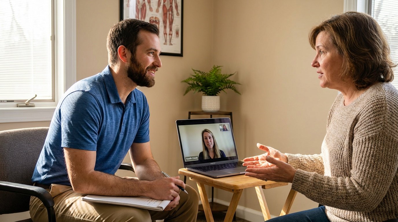 A male physical therapist in his mid-thirties sits across a small table from a middle-aged female patient in a warmly lit clinic consultation room, both leaning forward in attentive conversation, with an open laptop showing a health coach on a video call positioned between them, natural light from a nearby window casting soft shadows across the neutral-toned room featuring an anatomy poster and small shelf plant in the background.